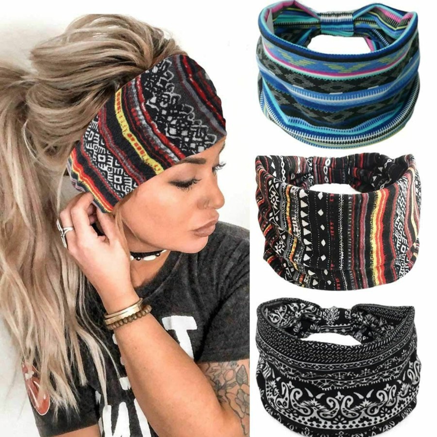 GORTIN Fashion Headbands | Gortin Boho Headbands Stretch Wide Hair Bands Black Elastic Yoga Sweatband Knoted Turban Headband Cloth Twist Head Wraps Stylish Head Bands For Women And Girls 3 Pcs (Set 1)