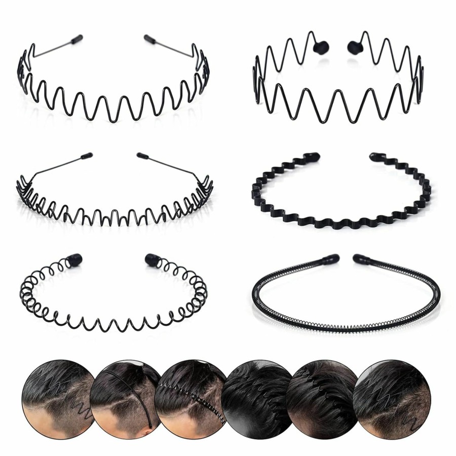 CAMKONG Fashion Headbands | Camkong 6Pcs Metal Hair Band For Men Headbands Women Wavy Hairband Spring Hair Hoop Sports Fashion Hair Bands Uni Black Elastic Non Slip Simple Headwear Accessories