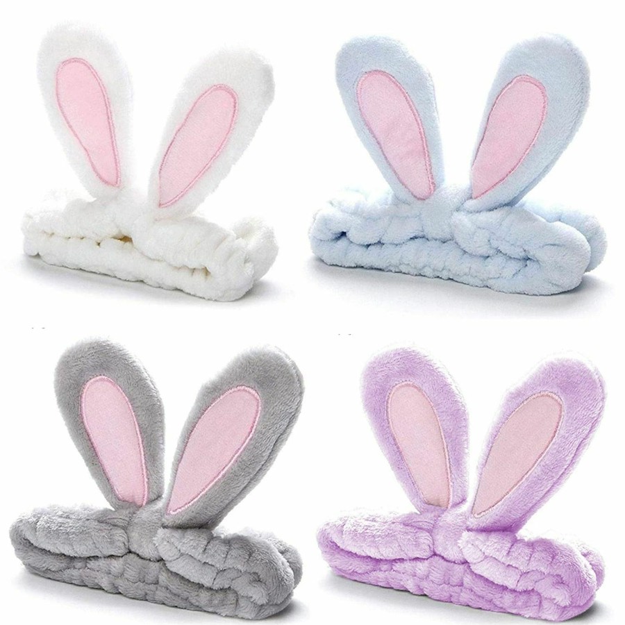 Whaline Fashion Headbands | Whaline 4 Pack Easter Bunny Makeup Headband Rabbit Ear Spa Hair Band Coral Fleece Elastic Head Wrap Stretchy Headband For Party Face Washing Beauty Shower Women Girls (Blue, White, Gray, Purple)