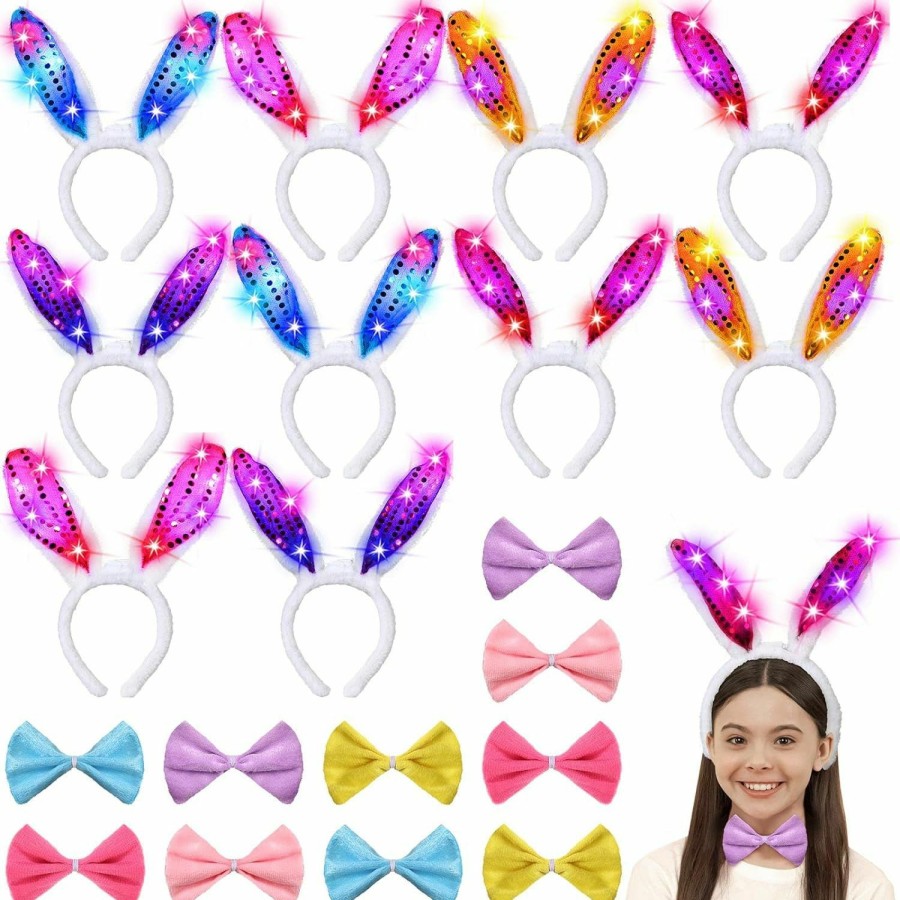 Jutom Fashion Headbands | Jutom 20 Pcs Light Up Easter Bunny Costume Led Bunny Ears Plush Rabbit Ears Headband And Adjustable Bow Tie For Adult Kids Party Cosplay Halloween Accessory