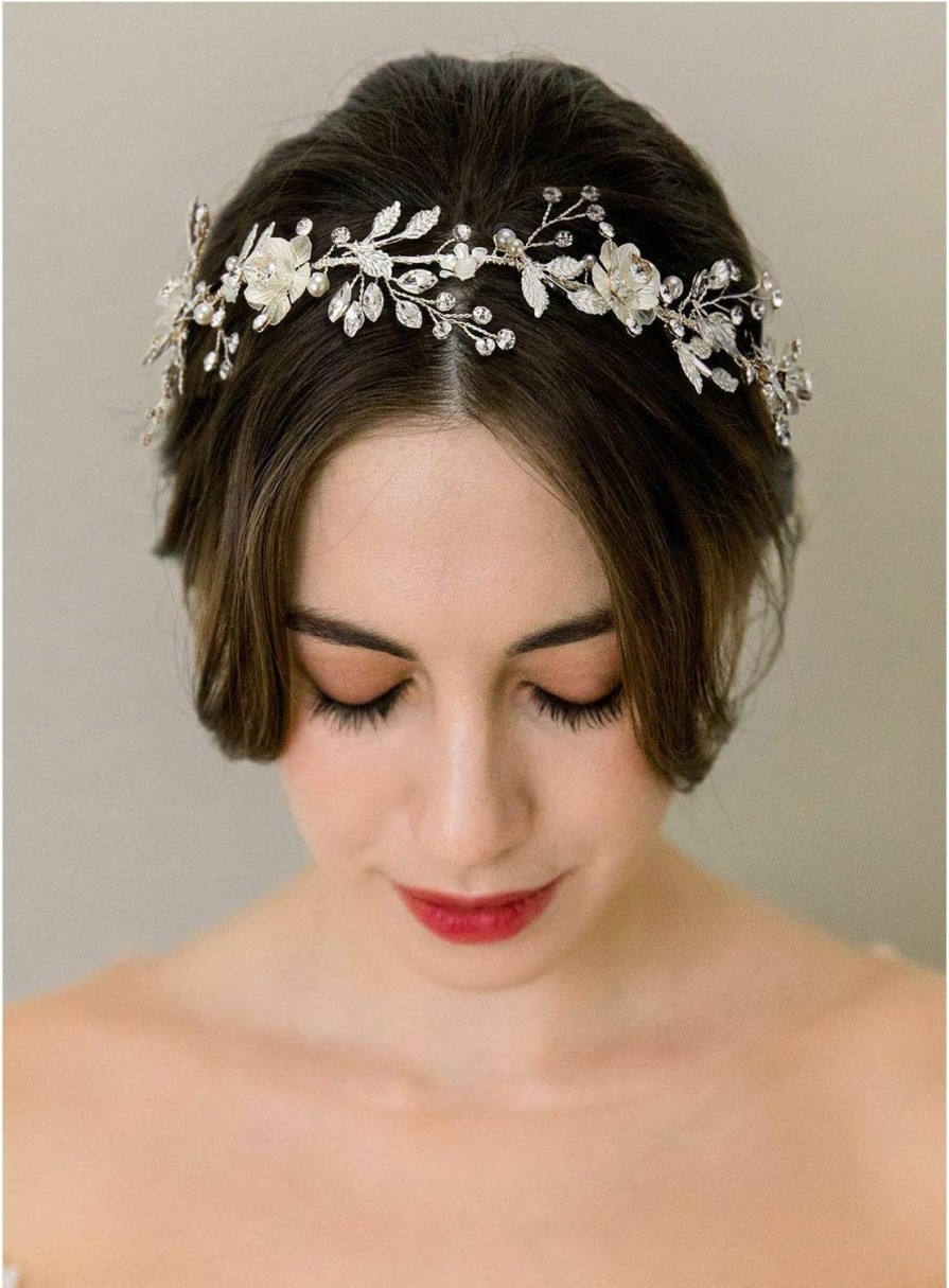 SWEETV Fashion Headbands | Sweetv Flower-Leaf Bridal Headpieces For Wedding Hair Band For Brides Headband Rhinestone Wedding Headband Silver Flower Girl Bridesmaid Hair Vine