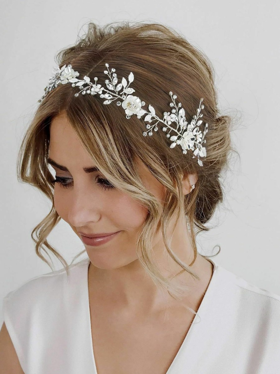 SWEETV Fashion Headbands | Sweetv Flower-Leaf Bridal Headpieces For Wedding Hair Band For Brides Headband Rhinestone Wedding Headband Silver Flower Girl Bridesmaid Hair Vine