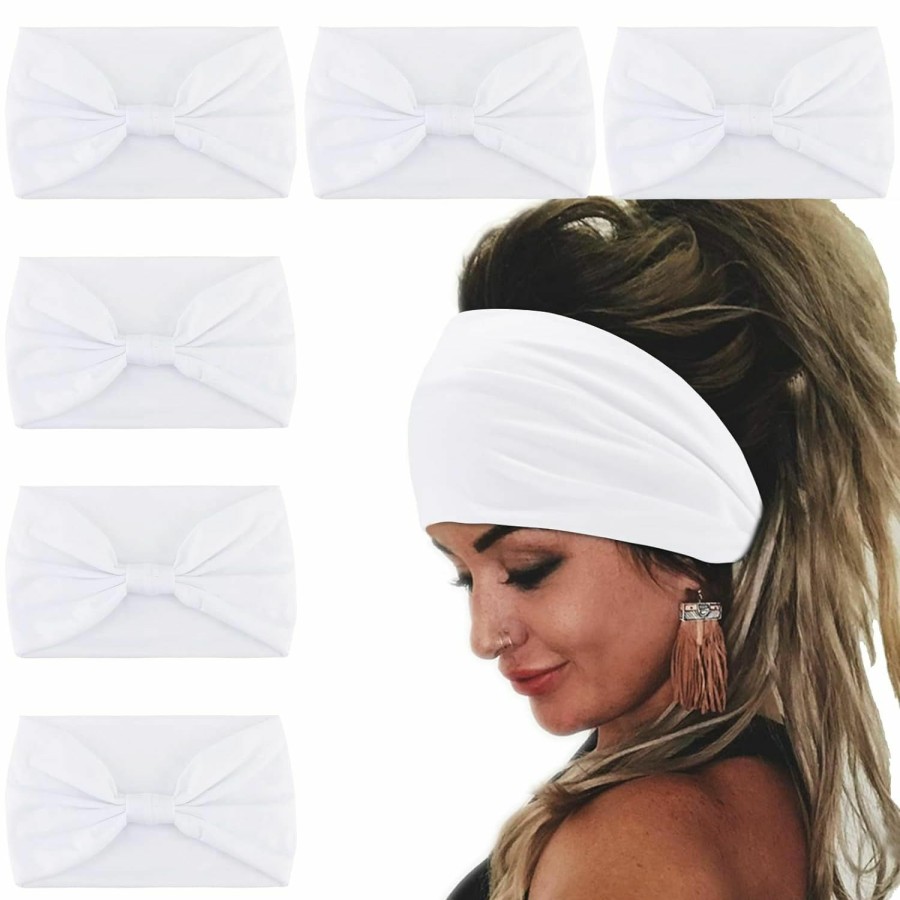 Wecoe Fashion Headbands | Wecoe 6 Pack White Headbands For Women Wide Elastic Headbands Fashion African Headbands For Wigs Head Wrap Knotted Headbands Sports Running Workout Yoga Headbands Halloween Hair Accessories For Women