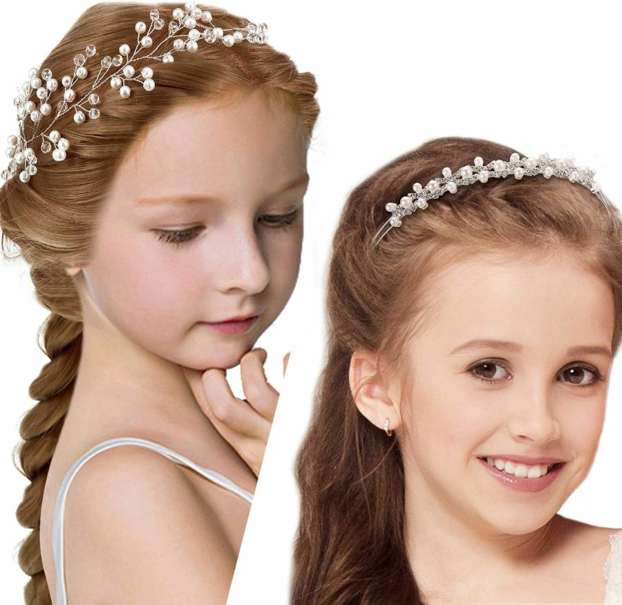 WILLBOND Fashion Headbands | 2 Pieces Flower Girls Headpiece Princess Wedding Faux Pearls Rhinestone Headband Bridal Crystal Hairband Tiara For Flower Girls Toddler Crown Wedding Party Hair Accessory