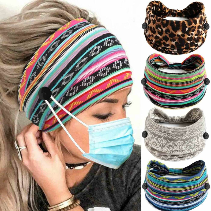 Olbye Fashion Headbands | Olbye Leopard Button Headband Wide Elastic Nurse Head Bands Workout Yoga Sports Hair Band Non Slip Turban Headwrap Mask Ear Saver Sweatband Boho Hair Accessories For Women And Girls 4Pcs (#1 Leopard)