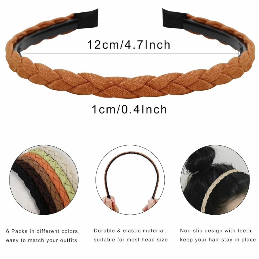 WOVOWOVO Fashion Headbands | Wovowovo 6 Packs Braided Headbands For Women Girls, 1Cm Thin Flexible Headband With Teeth Comb, Non Slip Fashion Head Band Hairbands Hair Accessories