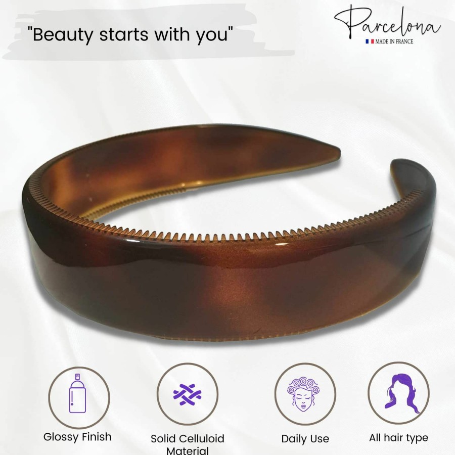 Parcelona Fashion Headbands | Parcelona French Extra Wide Tortoise Shell Brown Celluloid Inner Nibs Flexible Hair Headband Fashion Headband For Women Strong Hold Grip No Slip Durable Styling Girls Hair Accessories, Made In France