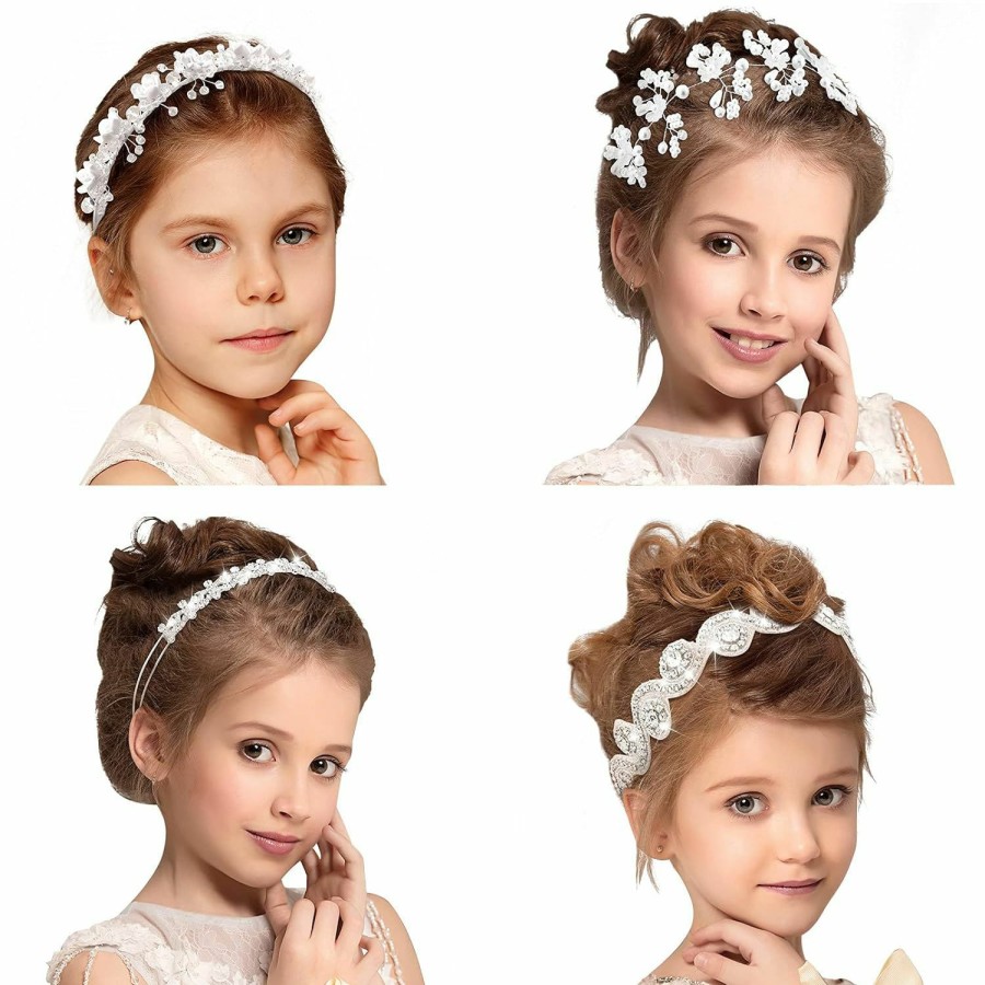 WILLBOND Fashion Headbands | 4 Pieces Flower Girl Headpiece Princess White Girl Wedding Headband Girl Bridesmaid Headpiece Bridal Bridesmaid Hairband Pearls Rhinestone Headdress For Women Girls Wedding Photography