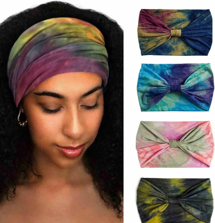 Aceorna Fashion Headbands | Aceorna Wide Headbands Stretch Turban Knotted Hairbands Elastic Yoga Workout Sweatband Running Sport Head Scarf Large African Head Wraps For Women 4 Pcs