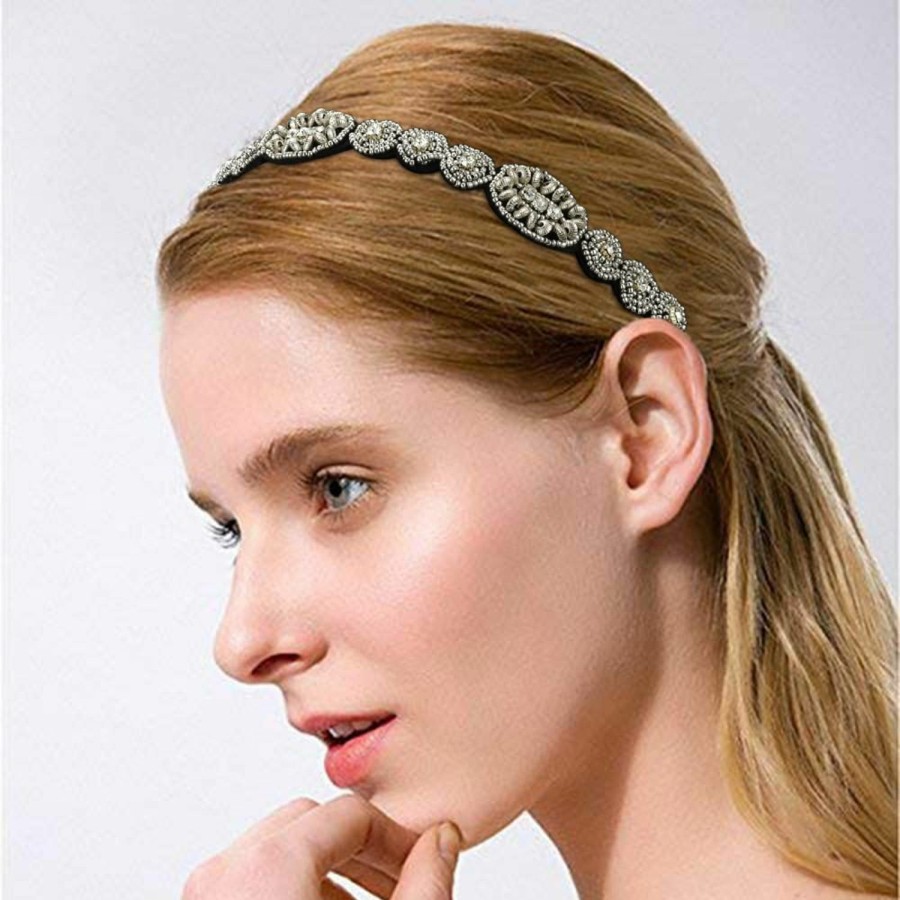 Amariver Fashion Headbands | Amariver 2 Pieces Rhinestone Beaded Elastic Headband,Fashion Headbands Handmade Hair Bands Hair Accessories For Lady Woman 20-25\" Fits For Most