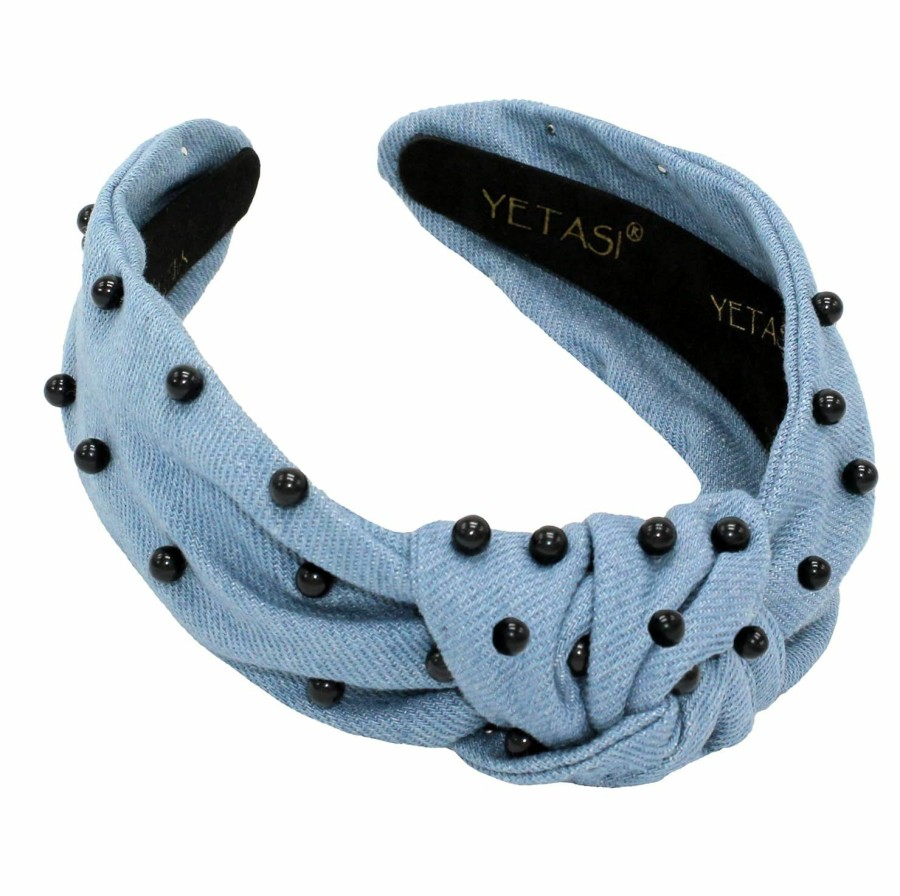 YETASI Fashion Headbands | Denim Blue Pearl Knotted Headbands For Women Go With Everything.Comfy Soft Fabric Top Knot Headband For Women . Blue Jean Headband For Women Fashion Gets Compliments.Cute Jean Light Blue Headband