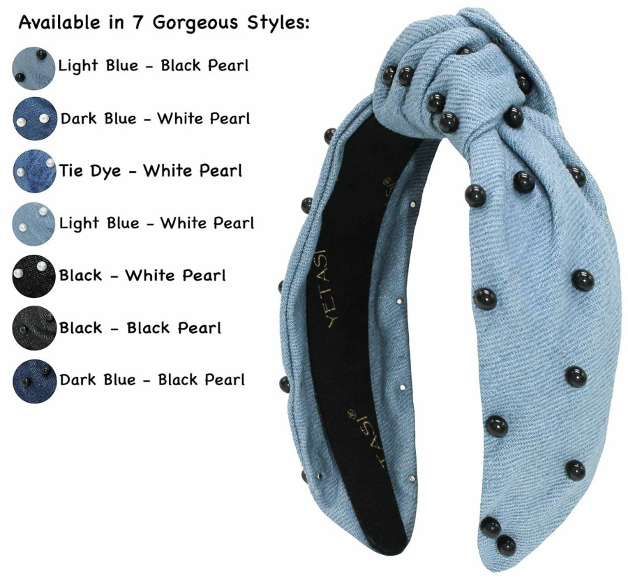 YETASI Fashion Headbands | Denim Blue Pearl Knotted Headbands For Women Go With Everything.Comfy Soft Fabric Top Knot Headband For Women . Blue Jean Headband For Women Fashion Gets Compliments.Cute Jean Light Blue Headband