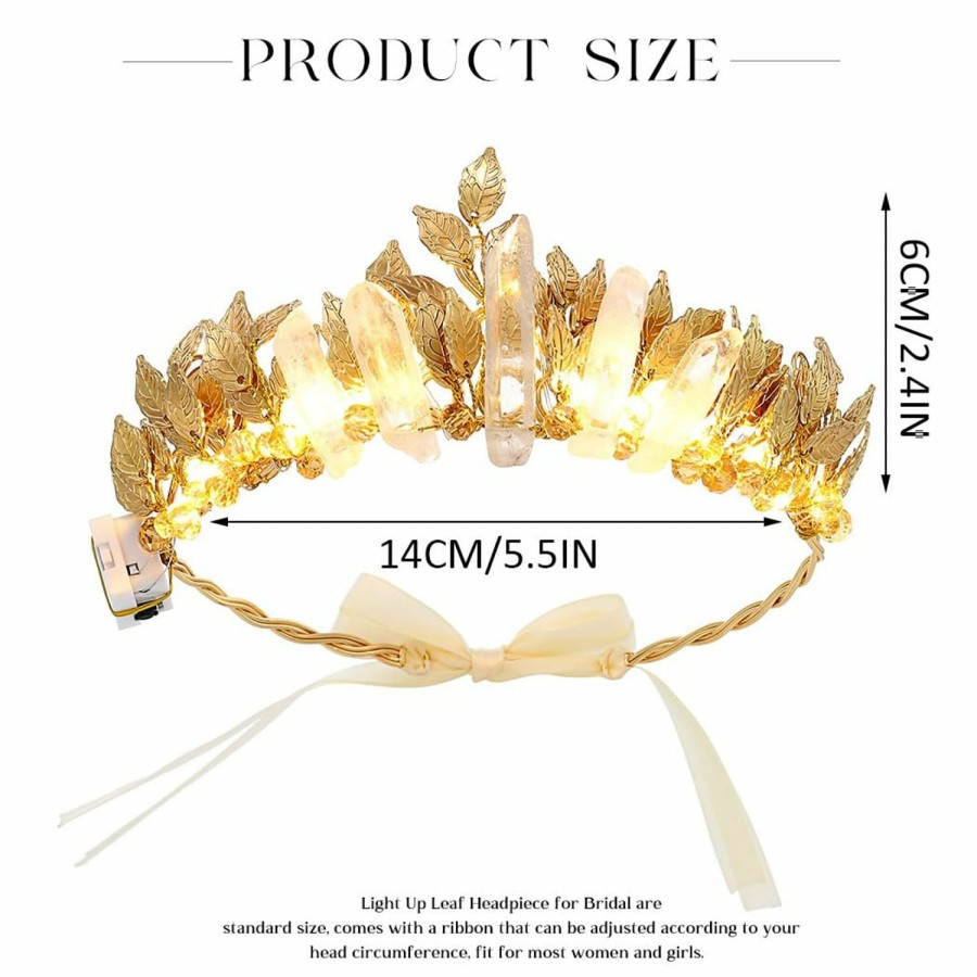 Yean Fashion Headbands | Yean Gold Leaf Wedding Headband Led Raw Quartz Hair Band Fairy Headpiece Ligth Up Hair Accessories For Women And Girls