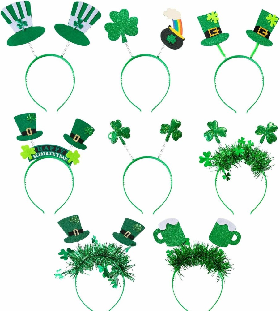 Zienlay Fashion Headbands | Zienlay 8Pcs St. Patrick'S Day Headbands, Green Shamrock Clover Hats Headband Boppers, Saint Patricks Day Irish Headwear Costume Accessories Top Hat Head Band Bopper Party Favors For Women Men Kids