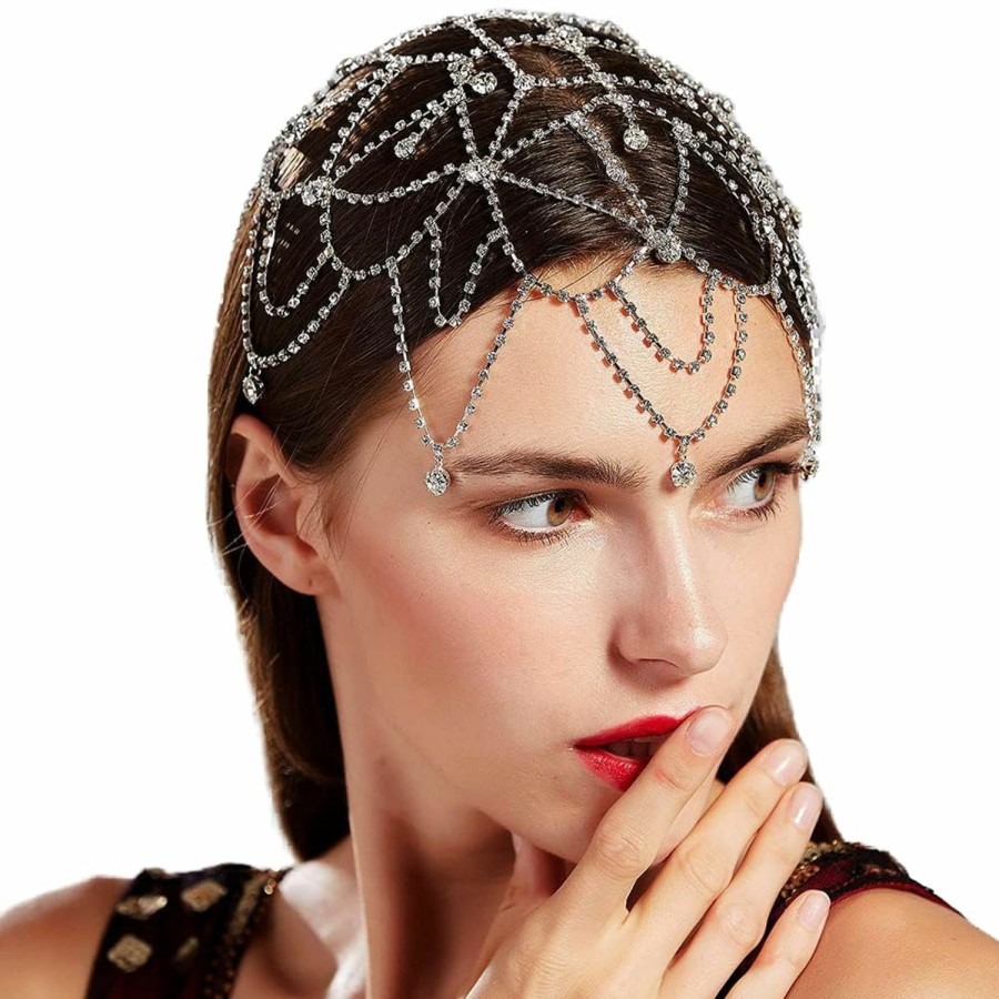 YERTTER Fashion Headbands | Yertter Wedding Silver Rhinestone Head Cap Layered Fringe Chain 20S Head Accessories Jewelry Crystal Headband Headpiece Boho Hair Accessories For Women Brides Prom Costume(Silver 1)