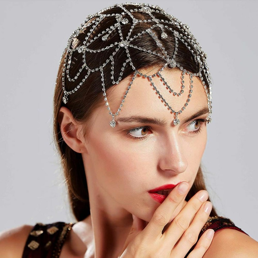 YERTTER Fashion Headbands | Yertter Wedding Silver Rhinestone Head Cap Layered Fringe Chain 20S Head Accessories Jewelry Crystal Headband Headpiece Boho Hair Accessories For Women Brides Prom Costume(Silver 1)