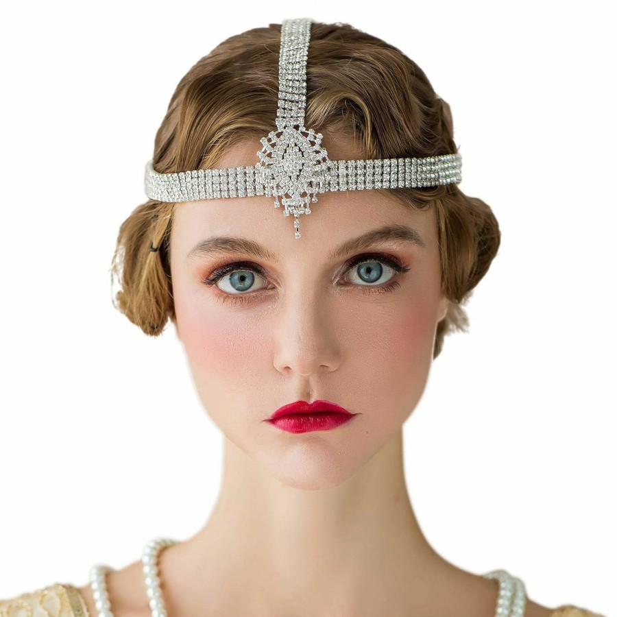 SWEETV Fashion Headbands | Sweetv 1920S Headband For Women-Silver Rhinestone Flapper Headpiece Accessories For Great Gatsby Party