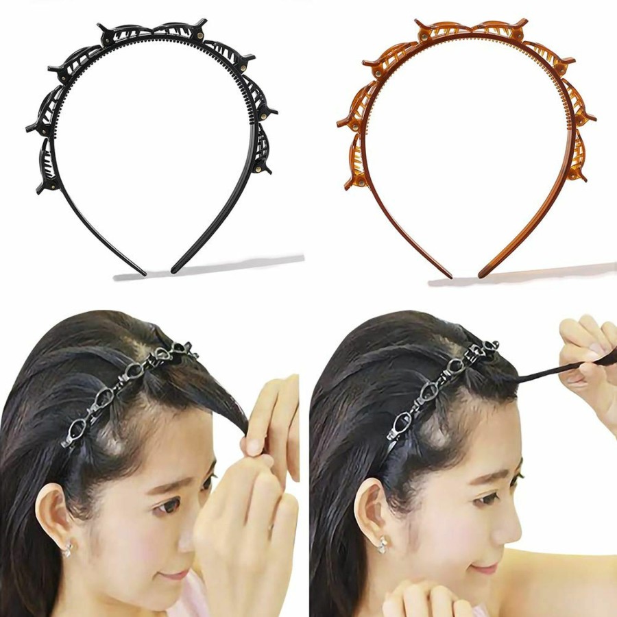 Ivyu Fashion Headbands | Headbands For Women Head Bands With Braided Hair Clips For Girls Thin Plastic Headband With Clips, Fashion Braided Headbands Double Layer Twist Plait Hair Tools, Double Bangs Hairstyle Hairpin For