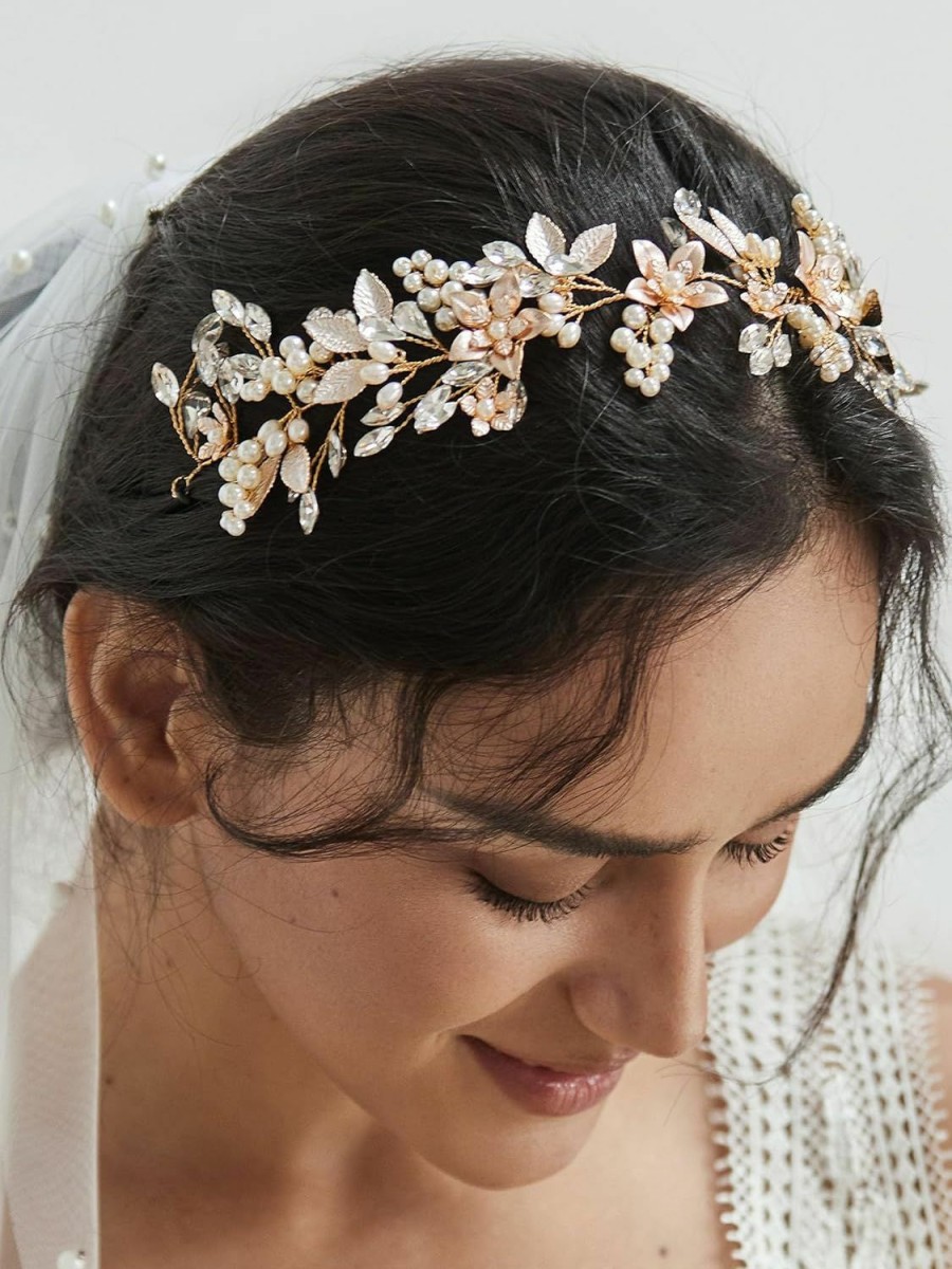 SWEETV Fashion Headbands | Sweetv Handmade Rhinestone Wedding Headband Flower-Leaf Bridal Headpieces For Wedding Pearl Hair Accessories (Silver)