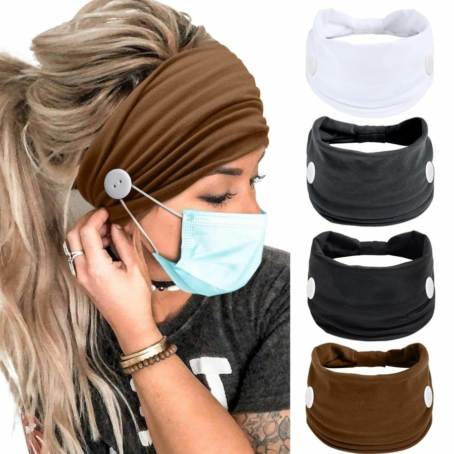 Huachi Fashion Headbands | Button For Mask Women Nurses Headband No Slip Elastic Ear Protection Men Doctors Hairband Knotted Sport Sweatband Head Bands For Protect Ear