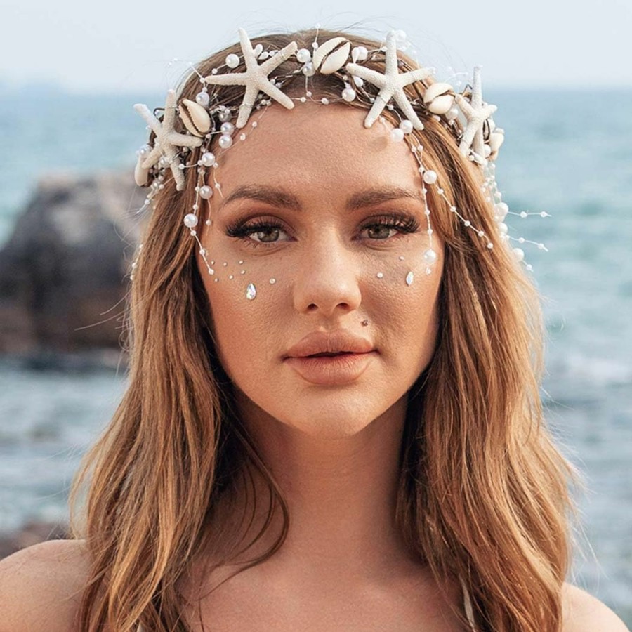 Catery Fashion Headbands | Catery Starfish Headband Seashell Bridal Headband Sea Star Headpiece Hairpiece Pearl Braid Shell Head Hoop Beach Wedding Hair Accessories For Women And Girls