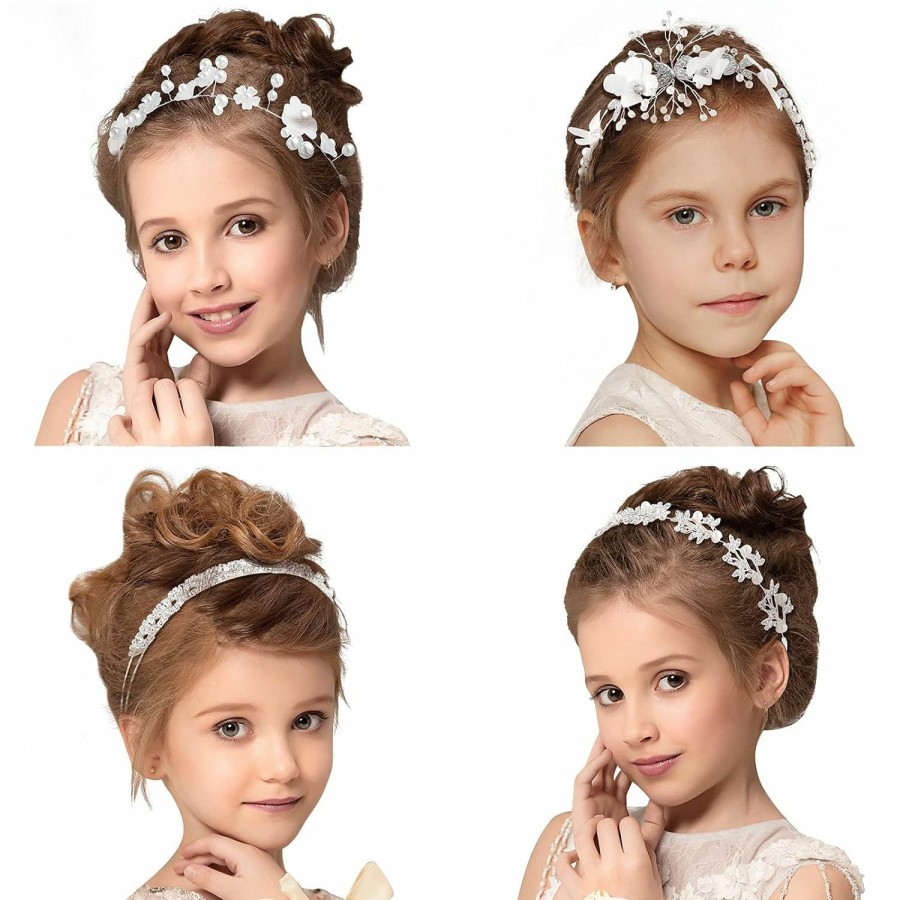 WILLBOND Fashion Headbands | 4 Pcs Flower Girl Headpiece White Girl Princess Wedding Headband Girl Bridesmaid Headpiece Bridal Bridesmaid Hairband Pearls Rhinestone Headdress For Women Girls Photography, 4 Styles (Romantic Style)