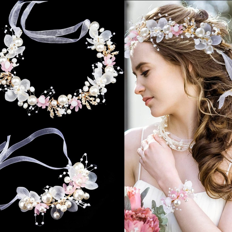 LAPOHI Fashion Headbands | 2 Pieces Wedding Flower Headpieces For Girls, Flower Girl Hair Accessories For Wedding Rhinestones Flower Headband Fairy Pearl Flower Crown For Girls Bridal Crystal Flower Tiara For Women