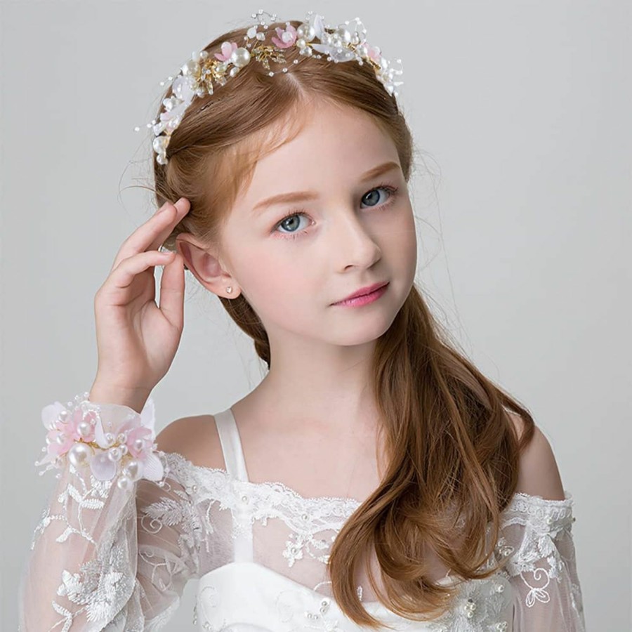 LAPOHI Fashion Headbands | 2 Pieces Wedding Flower Headpieces For Girls, Flower Girl Hair Accessories For Wedding Rhinestones Flower Headband Fairy Pearl Flower Crown For Girls Bridal Crystal Flower Tiara For Women