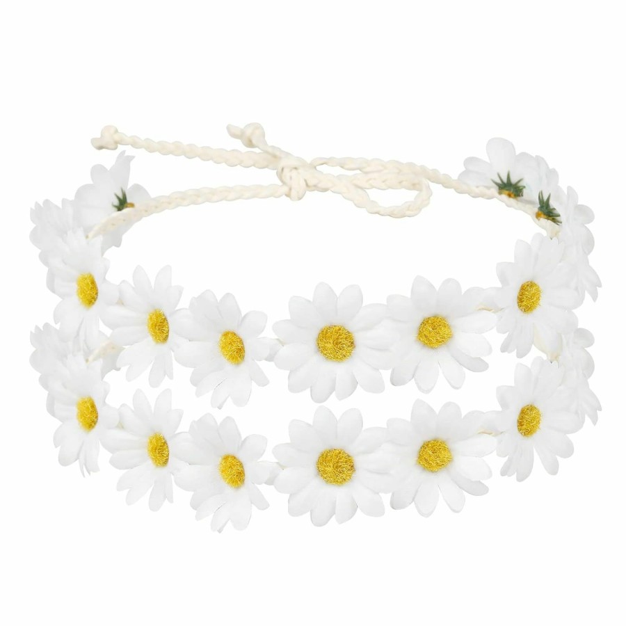 WOVOWOVO Fashion Headbands | Wovowovo 2 Packs Daisy Flower Crown Headbands For Women Baby Girl, Sunflower Hippie Hair Accessories Fall Floral Crowns Hair Bands Handmade Bridal Headpiece Photo Props Party Vacation (White)