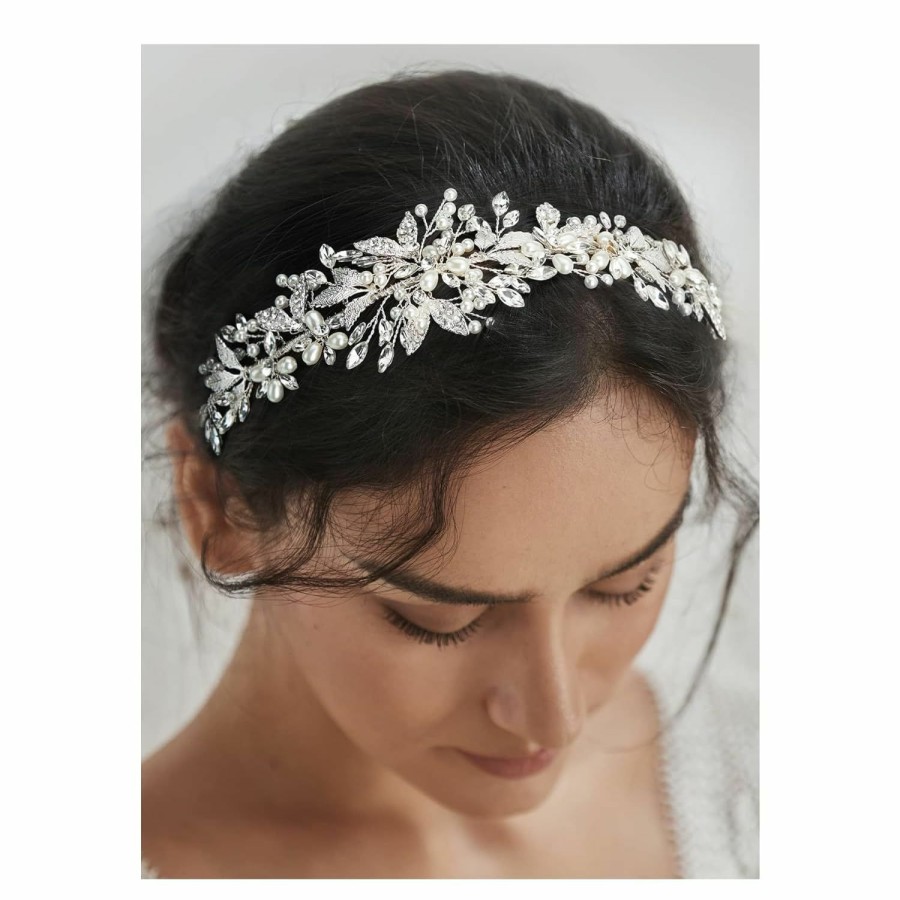 SWEETV Fashion Headbands | Sweetv Silver Bridal Headpiece For Wedding Headband For Bride Pearl Hair Vine Wedding Hair Accessories For Women Girl