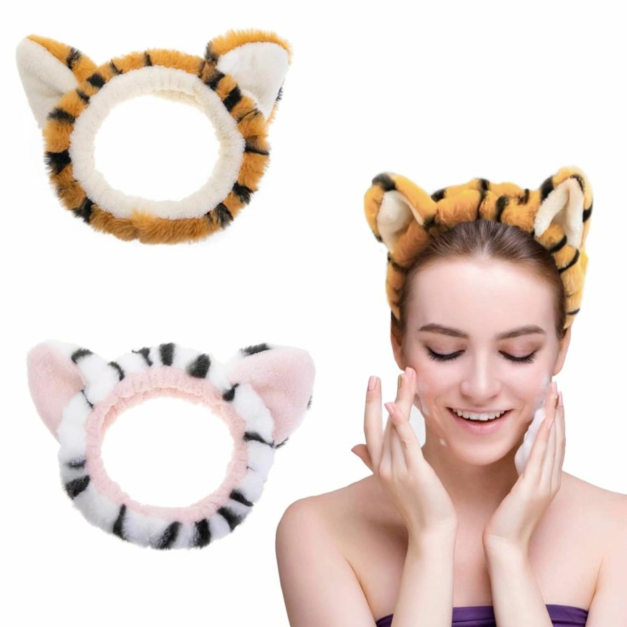 OSOPLAY Fashion Headbands | Osoplay 2 Pcs Women Animal Ear Tiger Print Fuzzy Hairband Makeup Headband Elastic Stretch Head Wrap For Skincare Spa