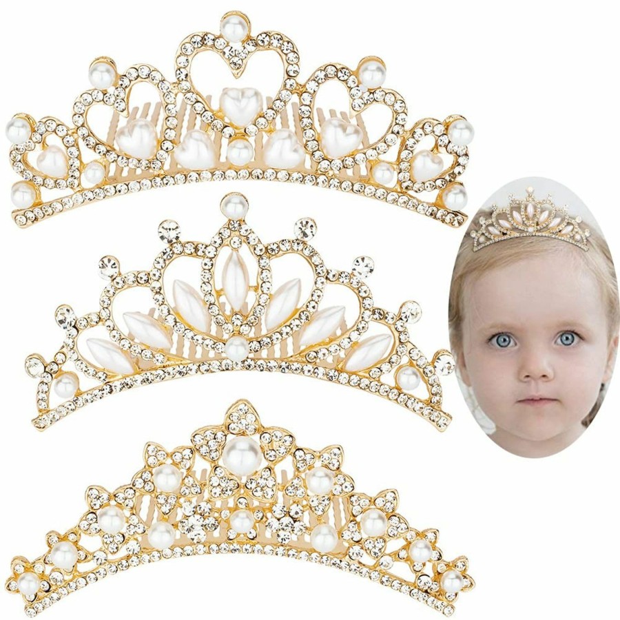 ANBALA Fashion Headbands | Anbala Small Tiara Crown With Hair Comb, 3 Pack Mini Tiara Crown Princess Crystal Shiny Hair Accessories For 2 3 4 5 6 7 8 9 Years Girls Hair Dectoration Styling Cute Hair Accessories (Gold)