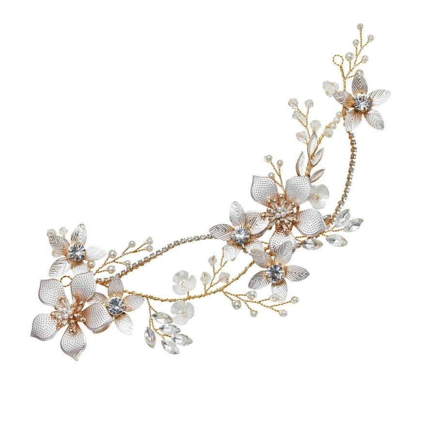 SWEETV Fashion Headbands | Sweetv Gold Bridal Headpieces For Bride Flower Wedding Headband Hair Vine Crystal Hair Pieces For Women