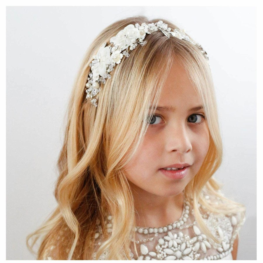 SWEETV Fashion Headbands | Sweetv Flower Girl Headpiece Ivory Tulle Flowers Wedding Headband For Girls, Princess Pearl Hair Accessories For Birthday Party, First Communion