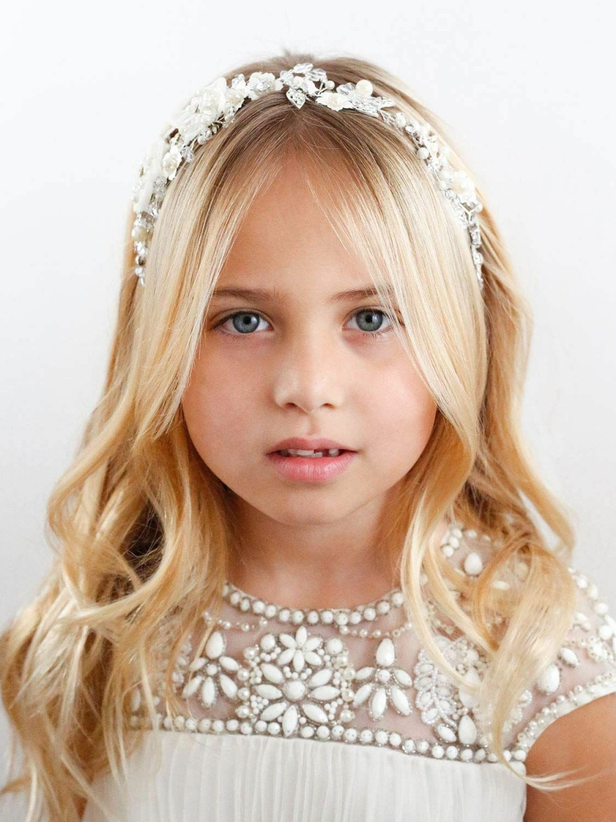 SWEETV Fashion Headbands | Sweetv Flower Girl Headpiece Ivory Tulle Flowers Wedding Headband For Girls, Princess Pearl Hair Accessories For Birthday Party, First Communion