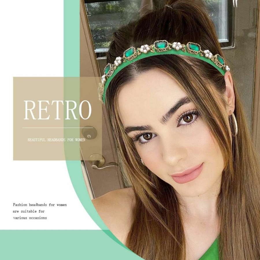 Coridy Fashion Headbands | Coridy Thin Green Headbands For Women Pearl Rhinestone Hairbands With Gold Leaf Emeralds Head Band Bejeweled Headbands(Elegant)