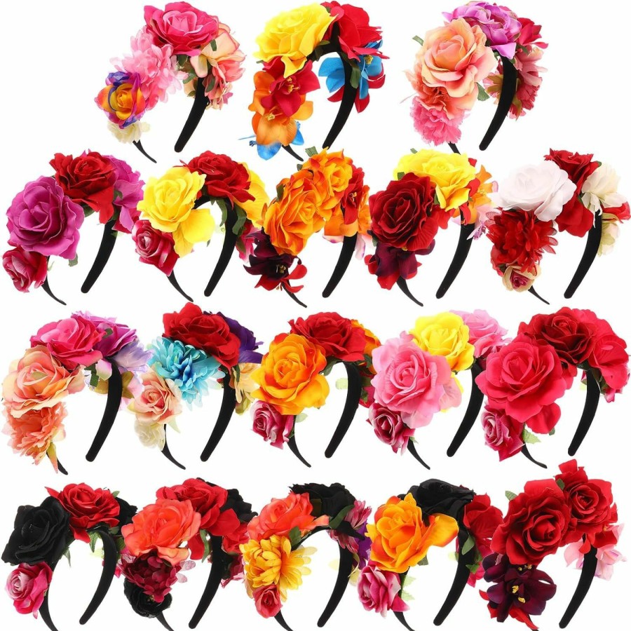 Xinnun Fashion Headbands | Xinnun 18 Pcs Mexican Rose Flower Crown Headband Easter Mardi Gras Headpiece Cosplay Headgear For Party