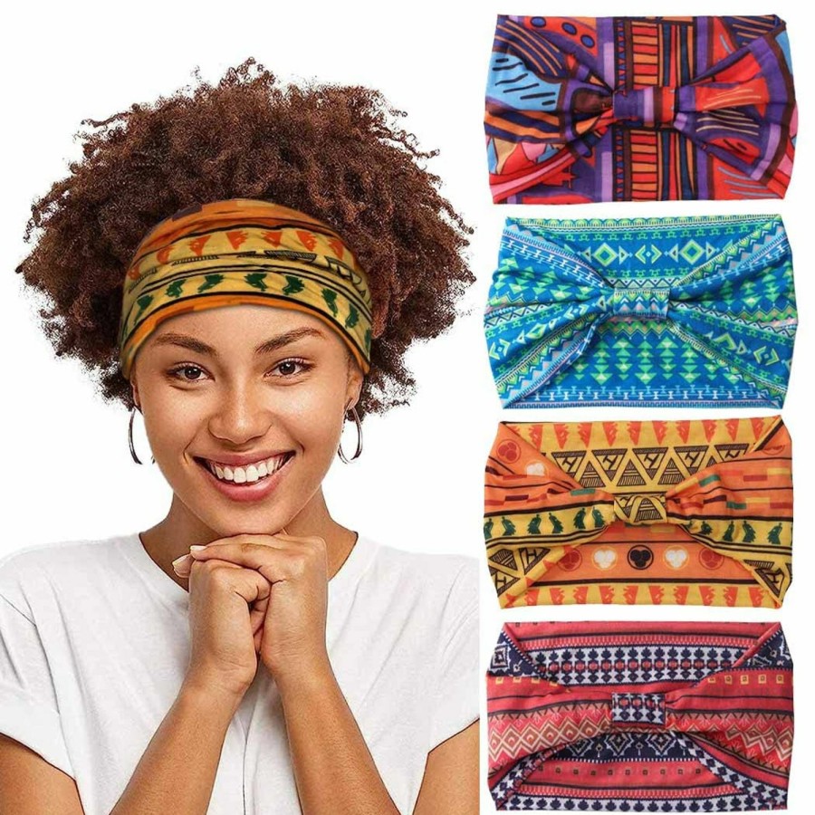 Aceorna Fashion Headbands | Aceorna African Headbands Boho Knotted Hairbands Stretch Wide Head Wraps Elastic Yoga Turban Hair Scarfs Workout Printed Hair Accessories For Women And Girls Pack Of 4 (Style A)