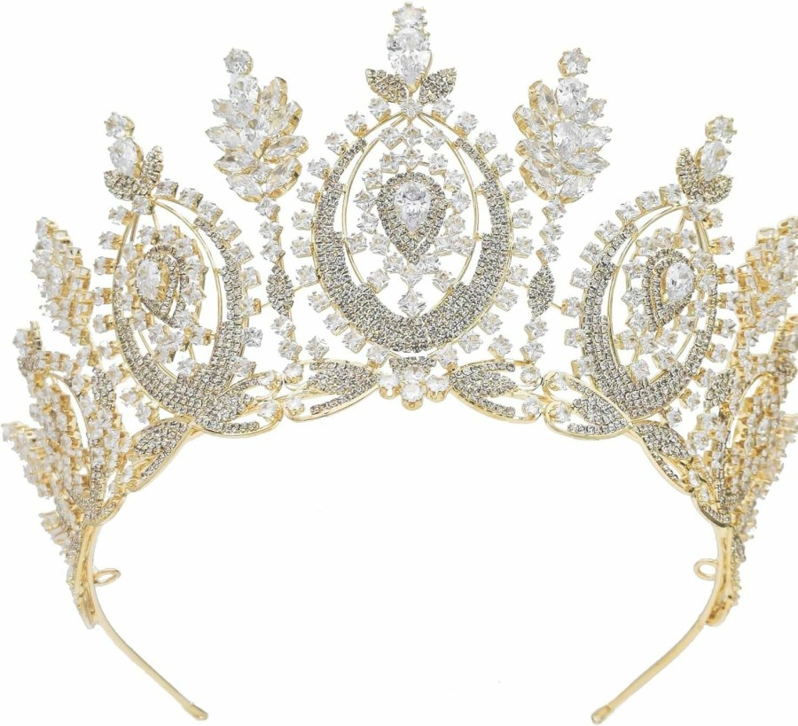 QXMYOO Fashion Headbands | Tall Royal Queen Crown Cubic Zirconia Gold Silver Large Wedding Tiara For Bride Prom Quinceanera Pageant Princess Headpieces Birthday Party Cz Bridal Hair Accessories