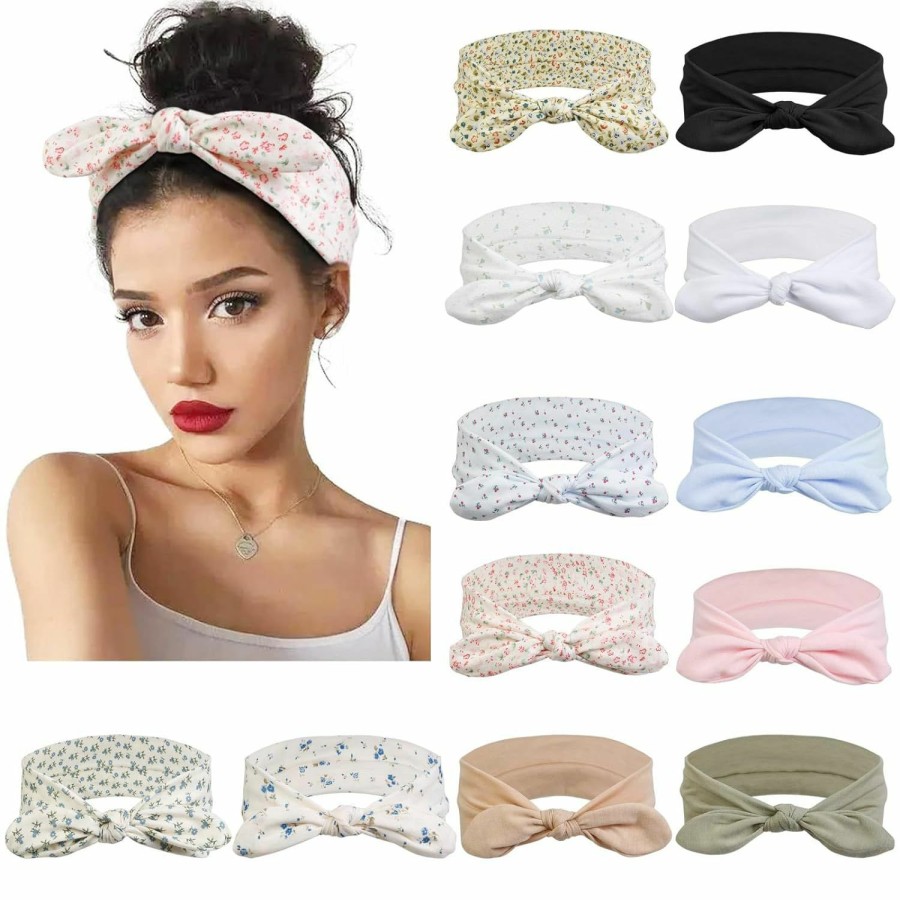 Huachi Fashion Headbands | 12 Pack Wild Floral Bow Headbands For Women Elastic Headwraps Hair Band Yoga Running Sports Knotted Headband Stretchy Rabbit Ears Turban Fashion Sport Cute Hair Accessories(2024 New)