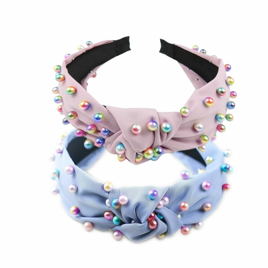 ZUJEAM Fashion Headbands | Zujeam Headbands For Women, Pearl Knotted Headbands Colorful Jeweled Embellished Gem Hairband Faux Pearl Cross Knot Twisted Turban Hair Accessories For Girls (Pink, Blue)