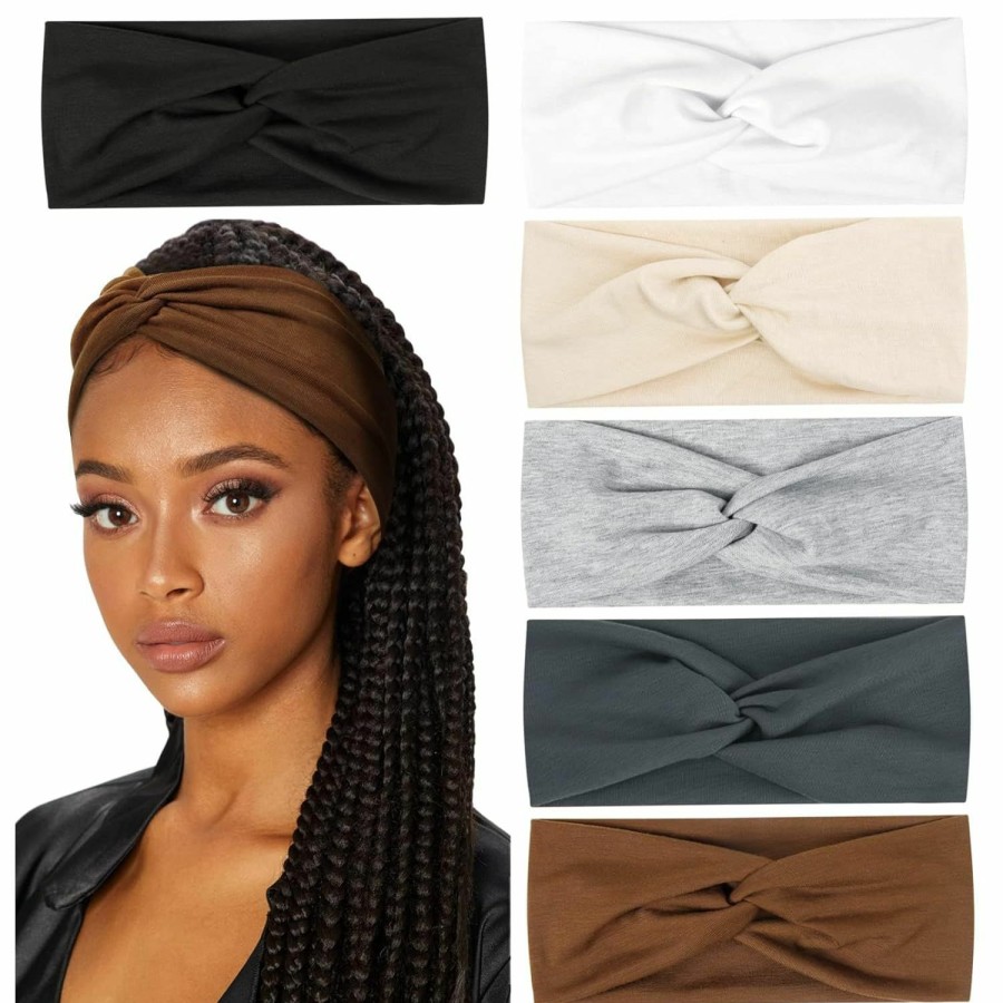 Huachi Fashion Headbands | Huachi Turban Headbands For Women Wide Head Wraps Knotted Elastic Teen Girls Yoga Workout Solid Color Hair Accessories, 6 Pack