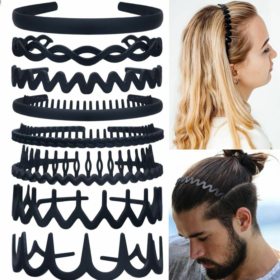 LAPOHI Fashion Headbands | Lapohi 8 Pcs Fashion Effortless Plastic Headbands With Teeth Comb Black Skinny Headbands No Slip Hair Bands For Women Men Teen Girls (Black 8)