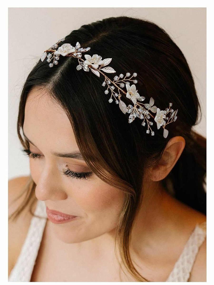 SWEETV Fashion Headbands | Sweetv Handmade Wedding Headpieces For Bride Hair Accessories Flower-Leaf Bridal Headband Rose Gold Wedding Hair Piece