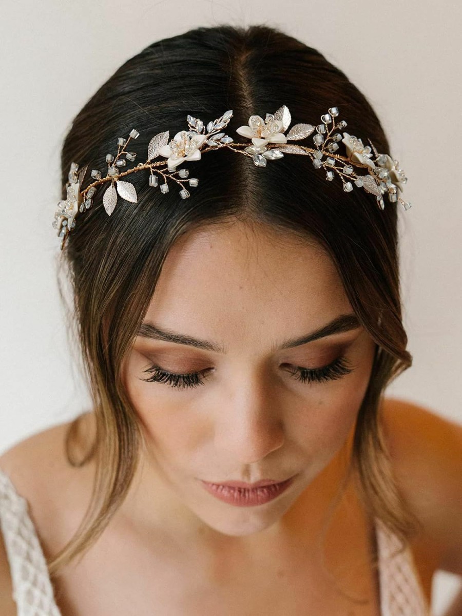 SWEETV Fashion Headbands | Sweetv Handmade Wedding Headpieces For Bride Hair Accessories Flower-Leaf Bridal Headband Rose Gold Wedding Hair Piece