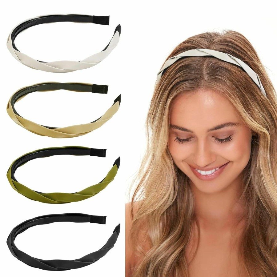 WOVOWOVO Fashion Headbands | Wovowovo 4 Pieces Braided Headbands For Women Girls Leather Thin Hairbands For Women'S Hair Fashion Non Slip Head Band Solid Colors Hair Accessories