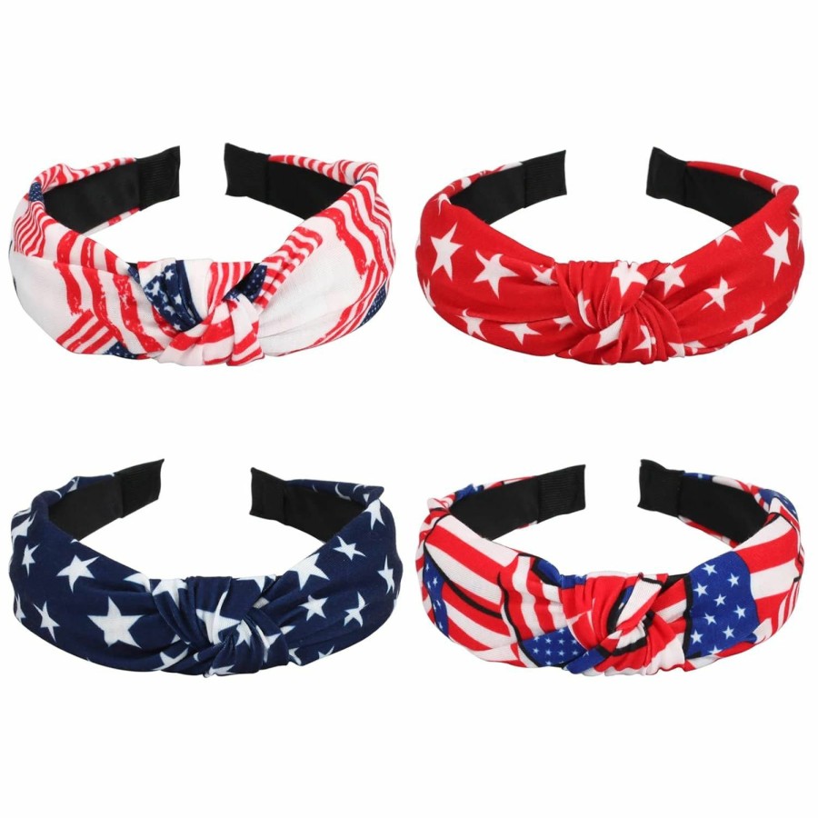 Budsmile Fashion Headbands | Budsmile 4Pcs American Flag Headbands For Women Girls Independence Day 4Th Of July Red White Blue Patriotic Usa Bow Knotted Wide Headband Yoga Hair Band Hair Hoops