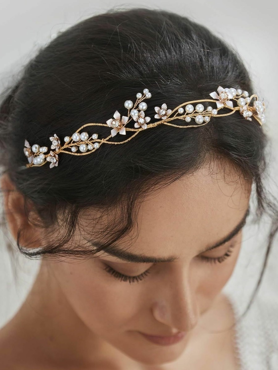 SWEETV Fashion Headbands | Sweetv Gold Bridal Headpiece Pearl Wedding Headband Flower Design Rhinestone Hair Accessories For Bride Bridesmaid