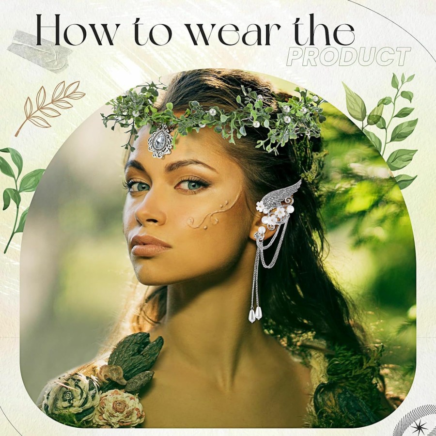 Zeyune Fashion Headbands | Halloween Elves Cosplay Set Fairy Flower Crown Headpiece Elf Ears Cuffs Renaissance Flower Leaf Elves Wings Ear Cuff