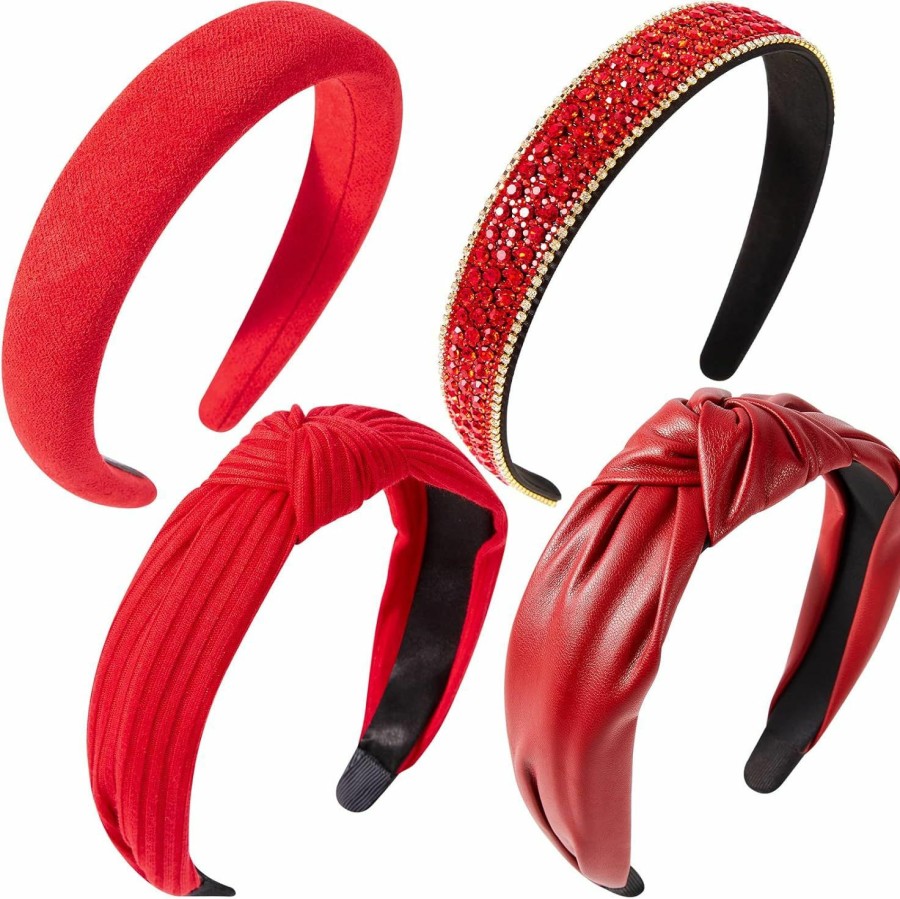 Taiyin Fashion Headbands | Taiyin 4 Pcs Red Headband Red Accessories Knotted Headband Criss Cross Hair Accessories Satin Headband Red Velvet Braided Headband For Women Girls Chinese New Year Valentine'S Day Christmas